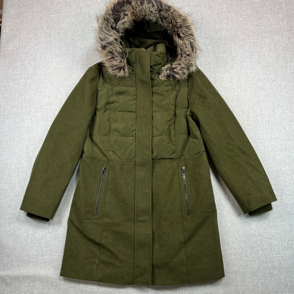 Lands' End Wool‎ Blend Faux Fur Hooded Parka Coat Women's Small Olive Green Warm